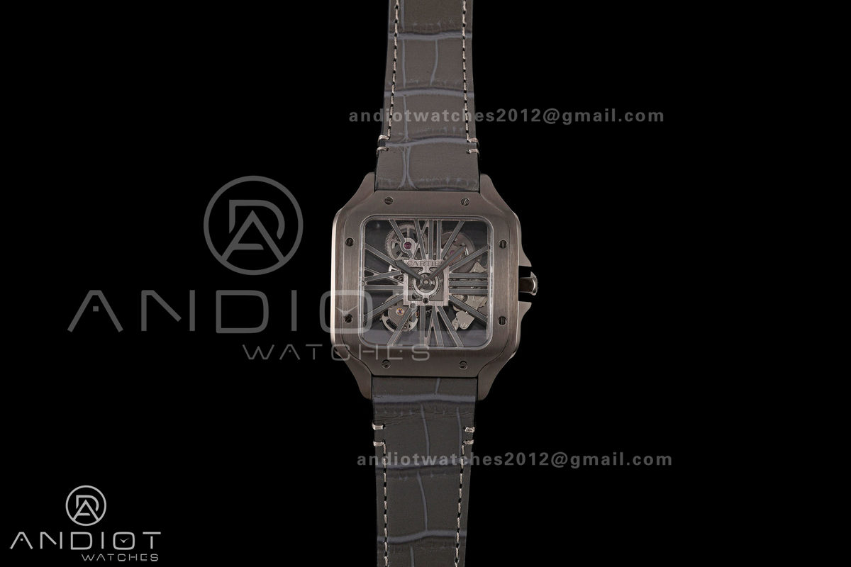 Santos Skeleton PVD RICH 1:1 Best Edition Skeleton Dial on Gray Leather Strap 9612MC Super Clone V2